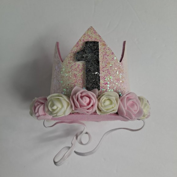 First Birthday Girl Crown Hats Party Celebration White pink Glitter - Picture 2 of 8